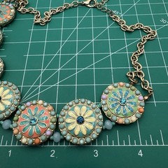 Vintage Boho Hippie Multicolor Enamel Flower Coin Beaded Goldtone Chain Necklace