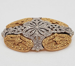 VTG Art Deco Style Brooch 2.5in Two Tone Filigree Domed Openwork Heavy 3D Estate