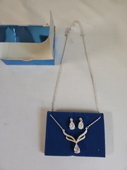Avon 2008 Silvertone Pear Drop Necklace Pendant Rhinestone Earring Gift Set