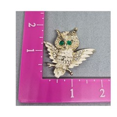 Vintage Owl Brooch Pin Gold Tone White Enamel Green Eyes Rhinestone Jewelry