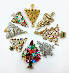 Vintage to Modern Rhinestone CHRISTMAS TREE Pin Brooch Lot of 8
