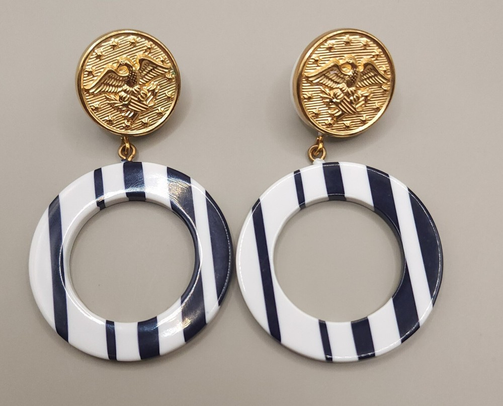 Vintage 1980s Nautical Striped Hoop Drop Earrings Gold Eagle Crest Button 80s