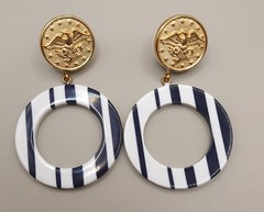 Vintage 1980s Nautical Striped Hoop Drop Earrings Gold Eagle Crest Button 80s