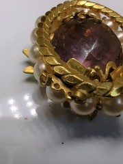 Vintage Wreath Pendant Necklace Delicate Pearl Flowers Amethyst Green Enamel