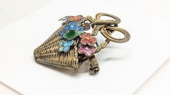 Chinese Export Gold Gild Brass Silver Enamel Flower Basket Pin Brooch Vintage