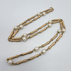 Vintage Faux Pearl Brush Gold Tone Necklace Unique Chain 30″