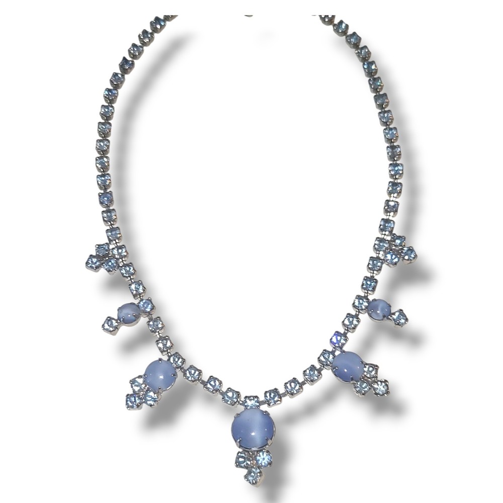1950s Blue Moonstone Rhinestone Necklace Silver Tone 15in Vintage Unsigned