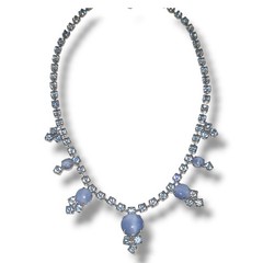 1950s Blue Moonstone Rhinestone Necklace Silver Tone 15in Vintage Unsigned