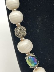 Vintage White Natural Stone Infused Art Glass Aurora Bead Crystals 28” Necklace