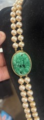 Vintage Unsigned Marvella? Glass Faux Pearl Faux Jade Flower Necklace 24”