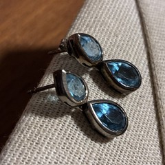 Vintage Double Tear Drop Dangle Blue Topaz Sterling Silver 925 Pierced Earrings