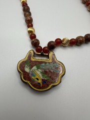 VNT Les Bernard Sterling Silver Jasper Carnelian Cloisonne Bird Necklace JB19