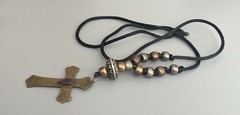 VTG Brass Cross-Religious-Black Cord- Plastic Beads-Necklace-Faux Shell Stone
