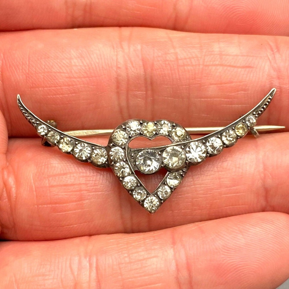Vintage Heart Rhinestones Sterling Silver 935 Brooch Pin