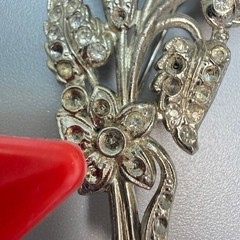 Large Vintage Pot Metal Brooch Silver Tone Rhinestone Floral 30s 40s Era READ