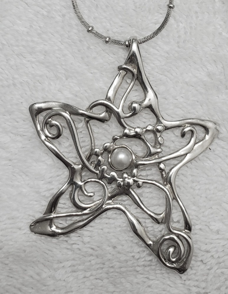 HAGIT GORALI Sterling Vintage Israel Pearl Star Pendant W Chain