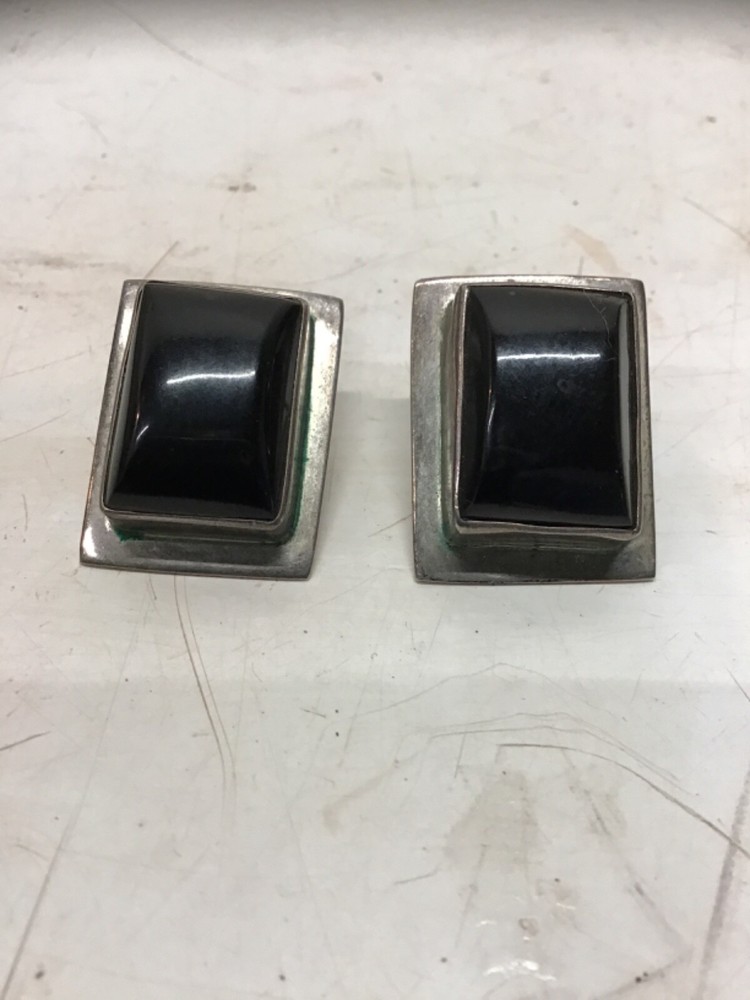 Vintage Pair of Sterling Silver Earrings w/ Black Stone Possibly Onyx