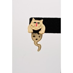 Vintage Cat Earrings Back Front Cool Off White Black Spotted Enamel 1990s BinH