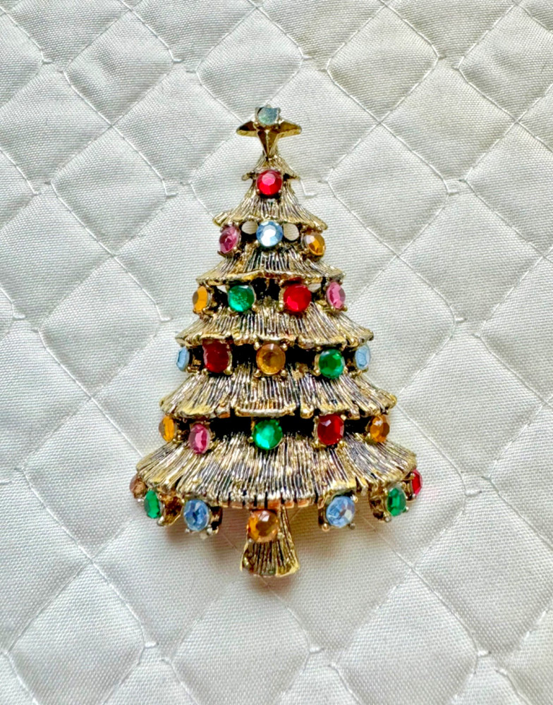 VINTAGE HOLLYCRAFT Christmas TREE BROOCH RHINESTONES Estate Jewelry ART Pin