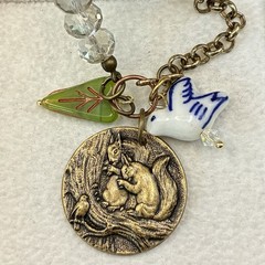 Vintage Brassy Bronzy Necklace & Charms of Mixed Metals: Heart, Bird, Squirrel