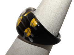 Vintage Black with Gold Dots and Gold Stripes Lucite Ring Size 7.5