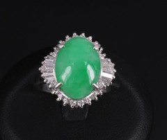 5.22ct Natural Apple Green Jadeite Jade & 0.68ct Diamond Platinum Ring Size 8.75