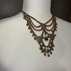 Vintage Brass Filigree Festoon Bib Necklace Victorian Revival Hollow Ball Drops