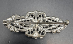 Vintage Art Deco Silver Tone Filigree Red Glass Rhinestone Bar Brooch Pin
