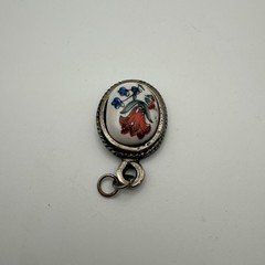 Vintage Ceramic Floral Pendant Silver Tone
