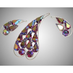 Vintage Pink Iridescent Rhinestone Brooch with Matching Earrings by B. David