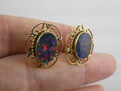 Antique ARA Art Deco 9k Yellow Gold Opal Doublet Screwback Earrings 4.3g .75 In