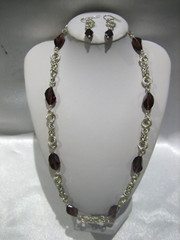 VINTAGE STERLING SILVER ROLO CHAIN AND GLASS BEAD NECKLACE AND EARRING SET