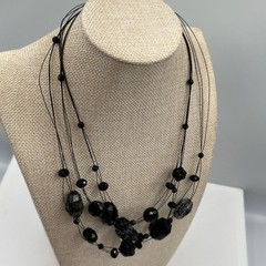 Vintage Black Multi Strand Beads Necklace Faceted Acrylic Statement Layered Boho