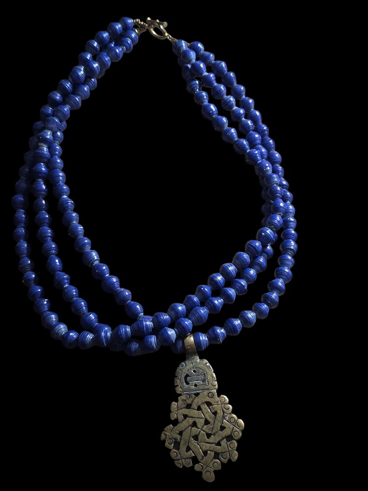 Vintage Lapis Blue Color 3 Strand With Brass Pendant Necklace