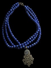 Vintage Lapis Blue Color 3 Strand With Brass Pendant Necklace