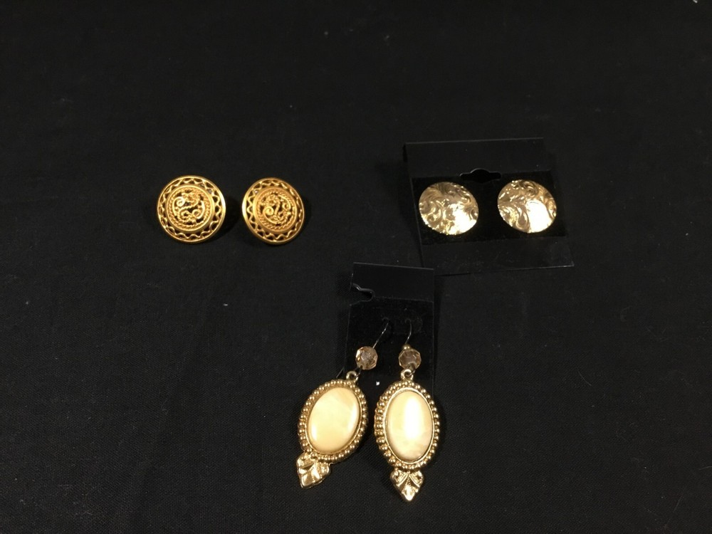 Sunshine & butter earrings, 3 pair pierced, gold tone, acrylic, glass and metal