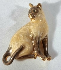 Vintage Siamese Cat Brooch Gold Tone Enamel Diamante Eyes 1970s