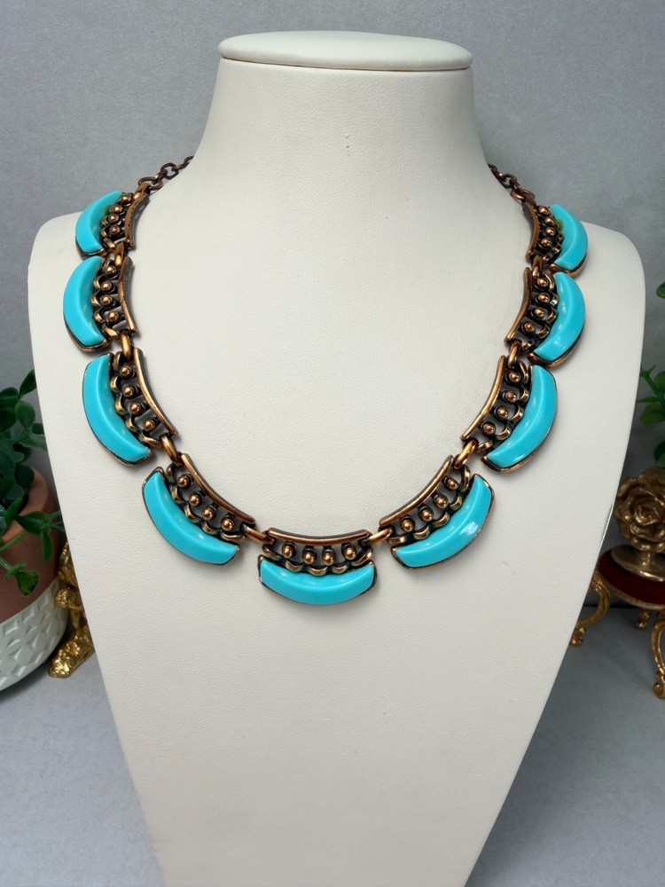 Vintage MCM Matisse Unsigned Copper Turquoise Glass Necklace Tribal Brutalist