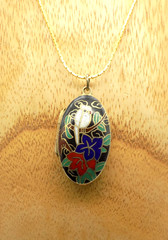 Vintage Cloisonne Pendant Locket Necklace Enamel Bird Leaf Black White Red