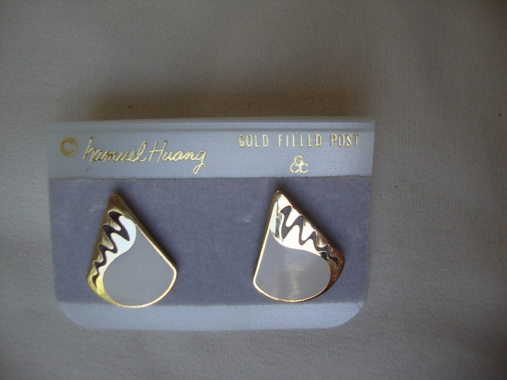 VINTAGE SAMUEL HUANG CLOISONNE RETRO ABSTRACT TEARDROP BROWN & BEIGE EARRINGS