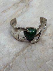 Vintage Estate Old Taxco Mexican Sterling Silver Malachite Signed Cuff Bracelet