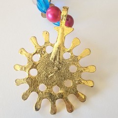 Vintage Sun Pendant Beaded Necklace Multi Color & Blue Beads Gold Tone See Pic *