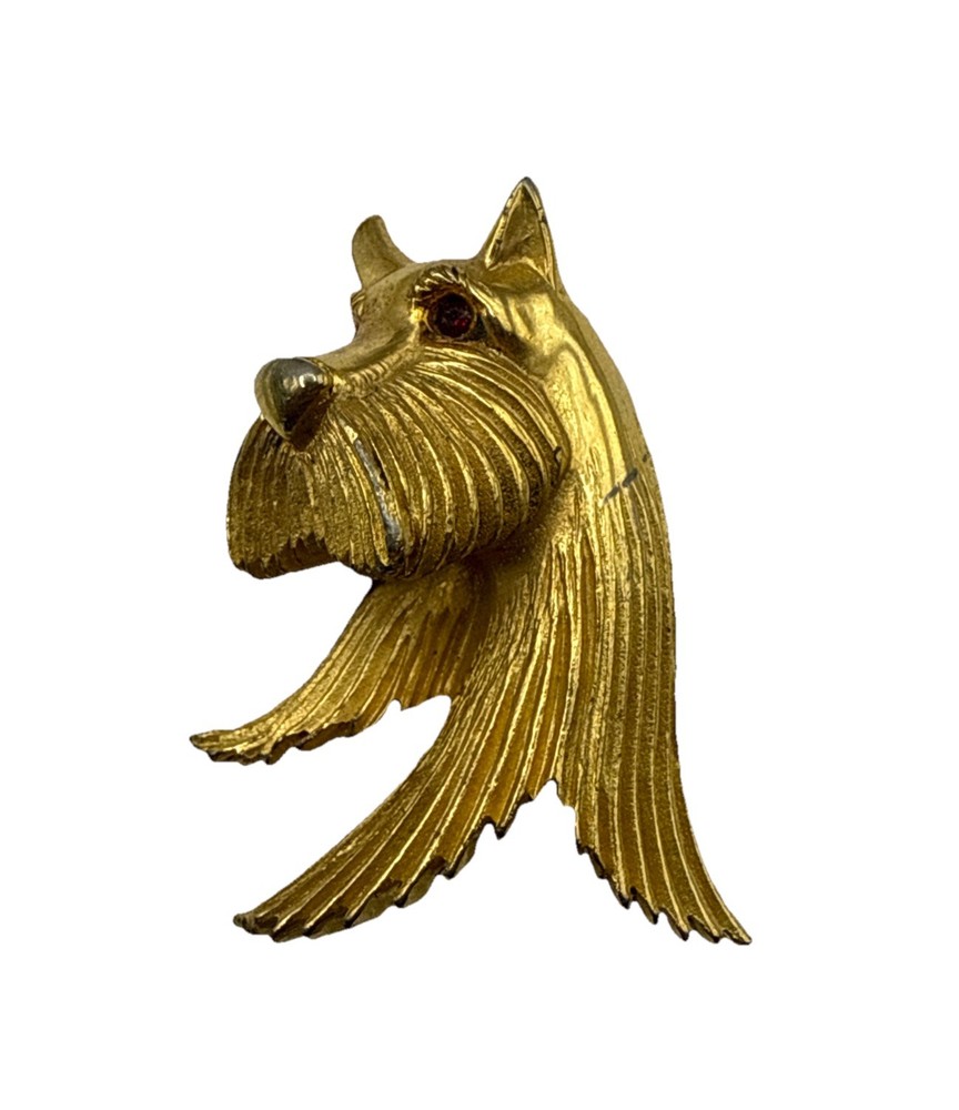 Lind Gal Scottie Dog Scottish Terrier Head Brooch Gold Tone Red Eyes Signed