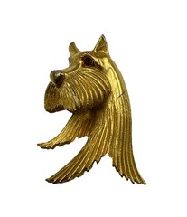 Lind Gal Scottie Dog Scottish Terrier Head Brooch Gold Tone Red Eyes Signed