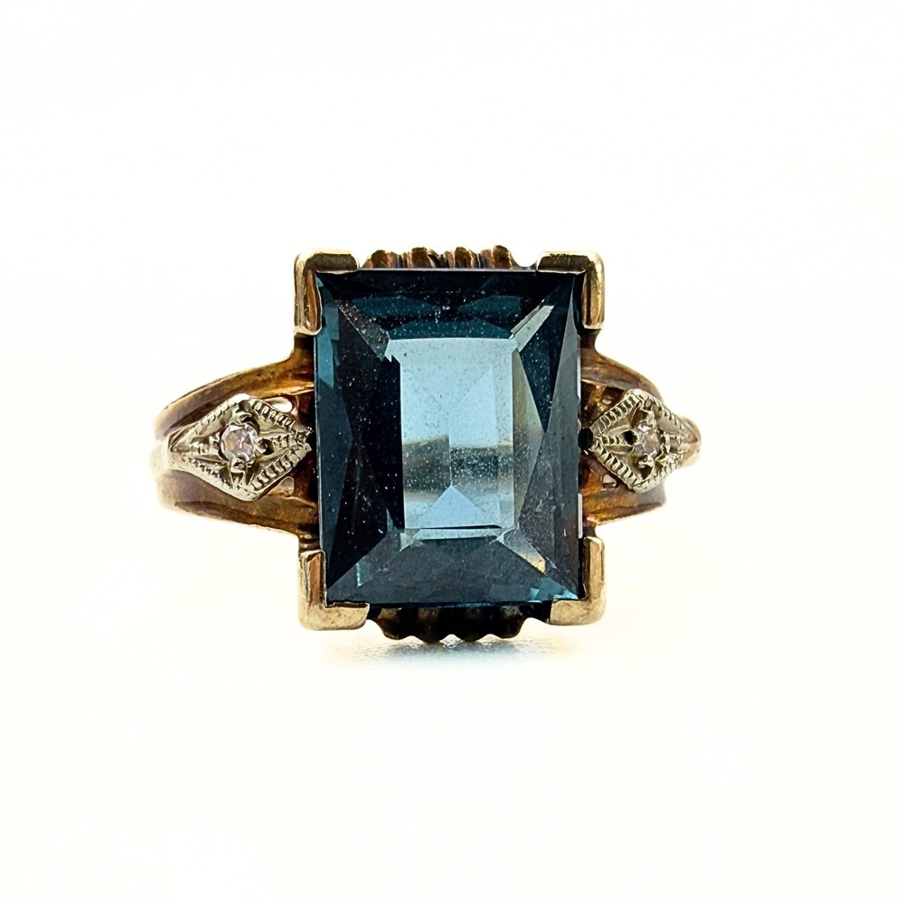 Antique Art Deco Marked 10K Emerald Cut Blue Topaz Diamond Ring Sz 4