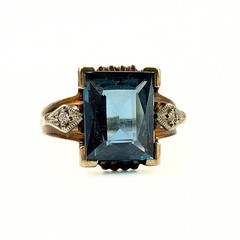 Antique Art Deco Marked 10K Emerald Cut Blue Topaz Diamond Ring Sz 4