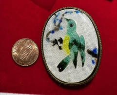 Vintage Oval Blue Yellow White Green Bird Guilloche Cloisonne Enamel Brooch