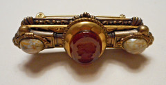 Vintage Victorian Revival Glass Lady Intaglio & Cabochon Brass Bar Pin Brooch