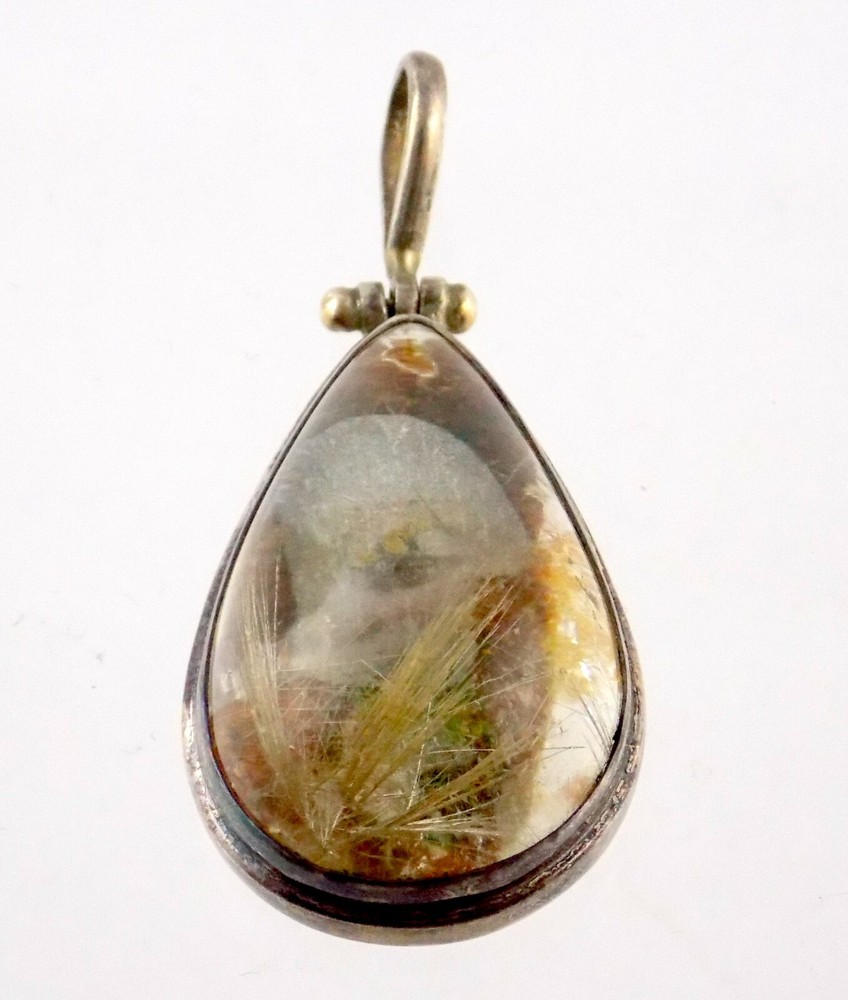 Vintage Artisan Made Sterling Silver Rutilated Quartz Cabochon Pendant 925 16.6g