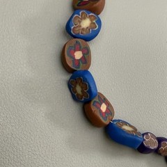 Vintage Millefiori Polymer Clay Bead Necklace Blue Brown Floral 18″